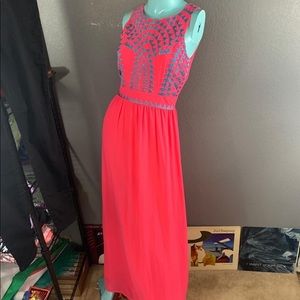 🔥NWT NWOT Gianni Bini Neon HOT Pink Chiffon Maxi Boho Dress embroidered 2